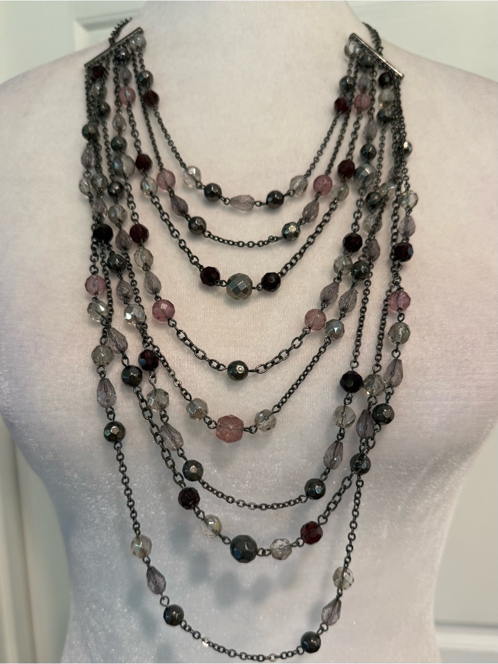Multi-Strand Pink Purple Gray Beaded Statement Necklace - Women Jewelry